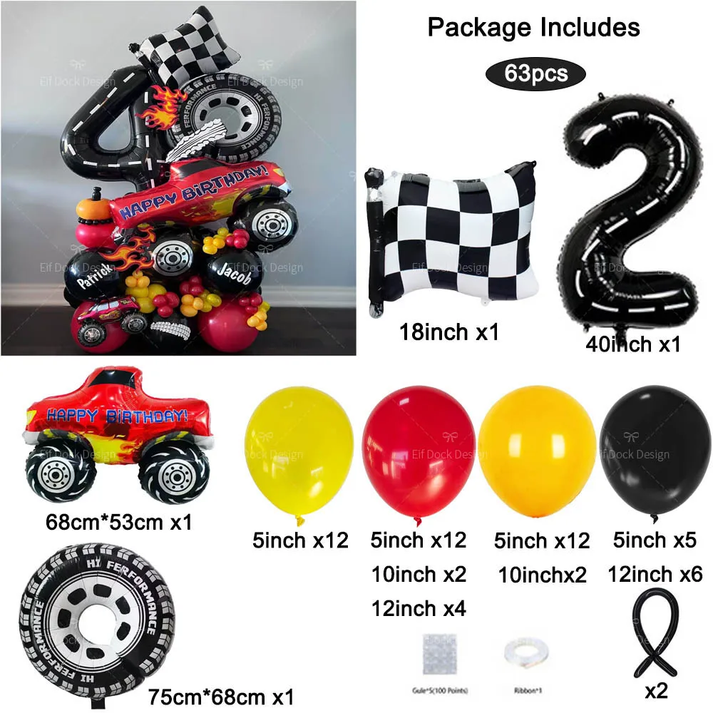 1Set Big Monster Truck Tire Flag Balloon Car Themed Birthday Foil Balloon Dump Truck Helium Balloon Boy Birthday Party Decoratio view 3