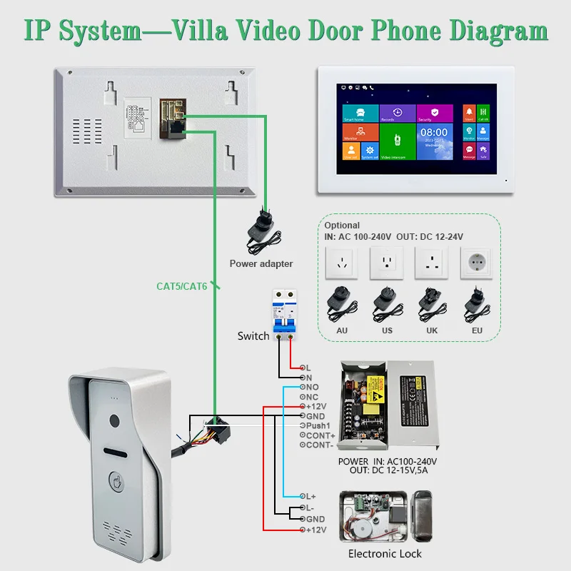 Campainha de vídeo com fio, monitor interno, câmera ao ar livre, interfone visual, áudio bidirecional, telefone de desbloqueio remoto, alta qualidade, 7 polegadas