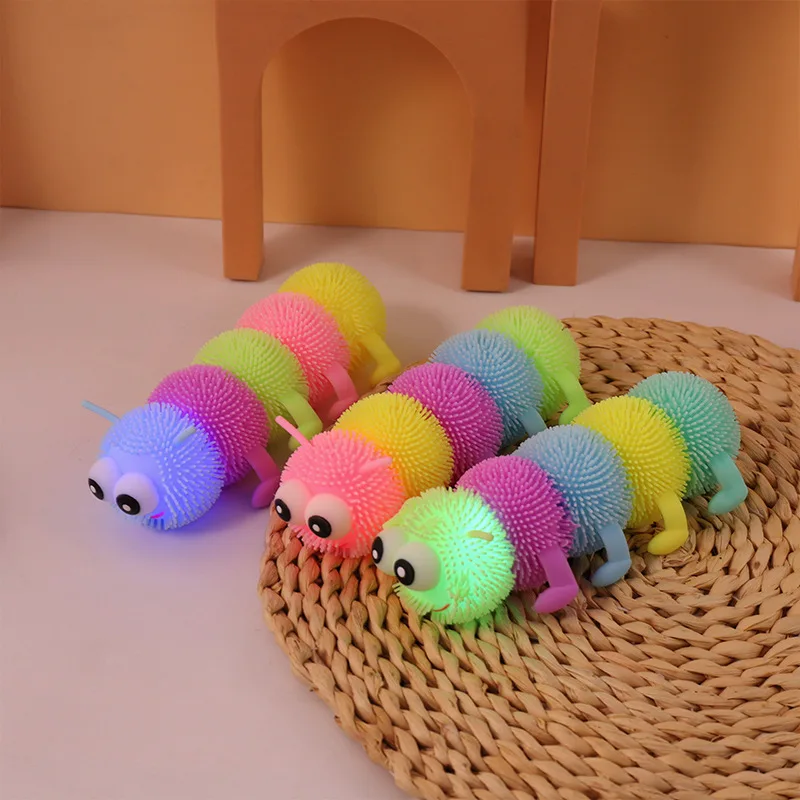 18cm Funny Decompression Ball Glowing Toy Five Sections Caterpillar Squeeze Kids Toy Glowing Caterpillar Sensory Pinch Fidget