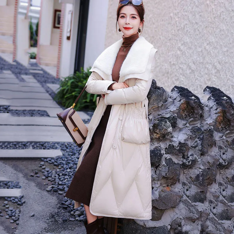 New Double-Sided Cashmere Splicing Large Lapel Down Jacket Women Winter Snow 90 White Duck Down Coat Female Casual Long Overcoat