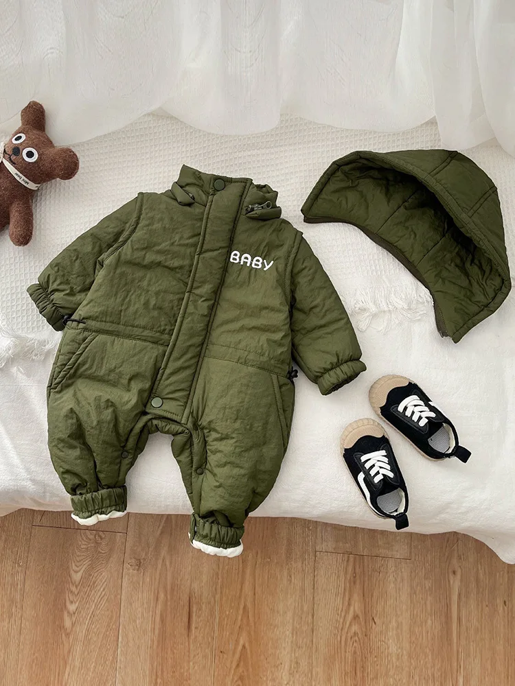 2024 Winter New Baby Plus Velvet Thick Warm Romper Toddler Boy Girl Letter Jumpsuit Newborn Infant Warm Padded Clothes 0-3T