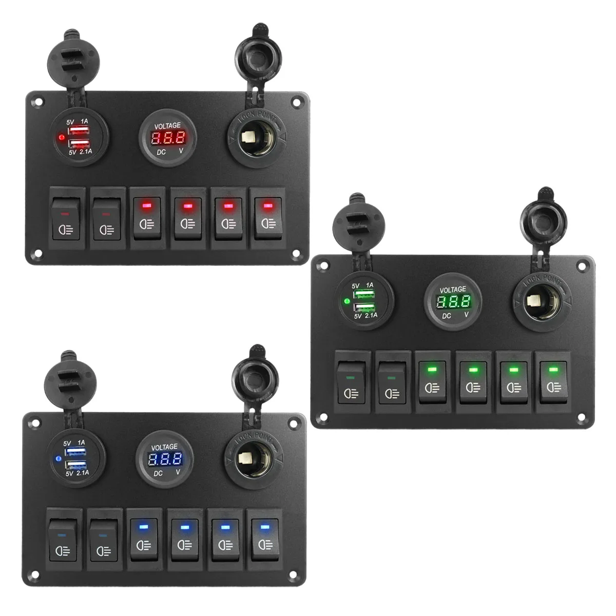 6 Gang Switch Panel with 12V-24V LED Digital Voltmeter Dual USB Charger Lighter Socket for RV Truck Boat SUV