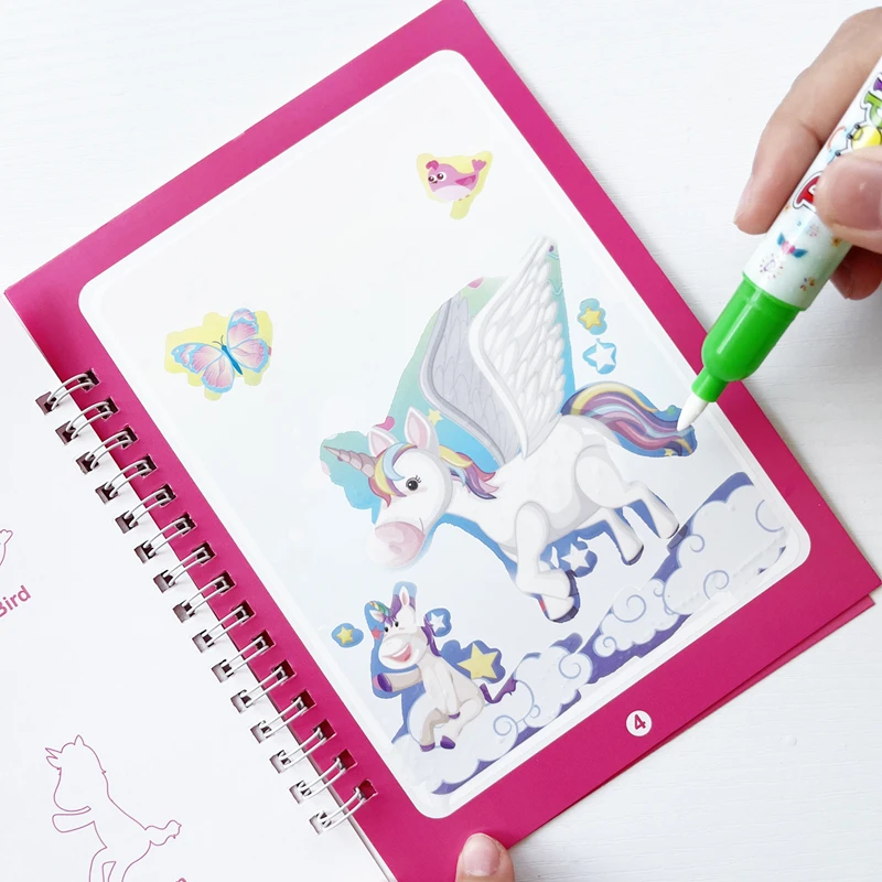 Książka do malowania magiczną wodą dla dzieci 2 w 1 - zestaw do kolorowania wielokrotnego użytku z naklejkami, kreatywną grafiką i zabawą z naklejkami
