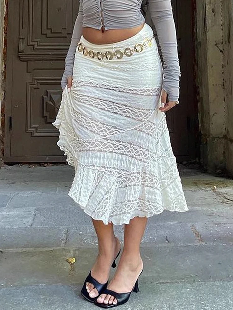 

Trendix Boho Ретро Кружевная макси-юбка Женская отпускная мода Асимметричная длинная юбка с высокой талией Вечерние Сексуальная прозрачная юбка с рюшами