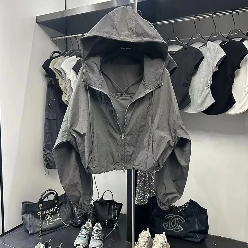 Summer Thin Sun Proof Jacket Women Y2K Korean Fashion Streetwear Zipper Crop Tops Loose All-Match Long Sleeve Hooded Outerwear
