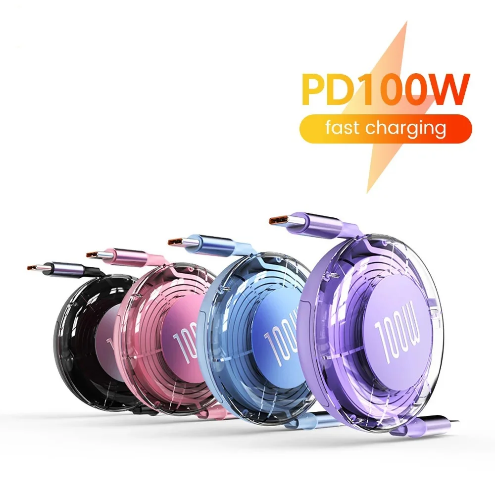 100W Retractable Type C To USB C Cable Fast Charging Phone Cable For iPhone 15 Huawei Xiaomi MacBook iPad USB C Data Cable