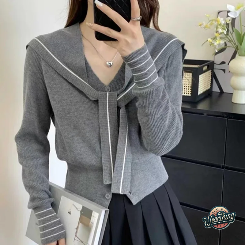 

Women Sweater Vintage Knitted Cardigan Korean Fall Streetwear Tops Coat Retro Navy Collar Long Sleeve Knitted Shawl Cardigan