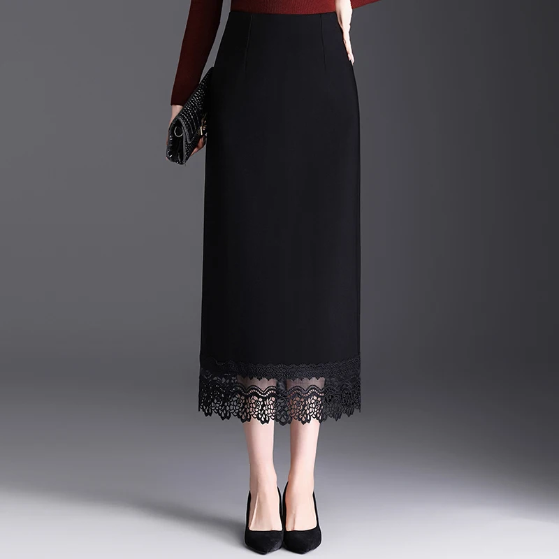 

Юбка женская с кружевными вставками, высокая талия, облегающая, из полиэфирного волокна, средней эластичности, с разрезом, длинная