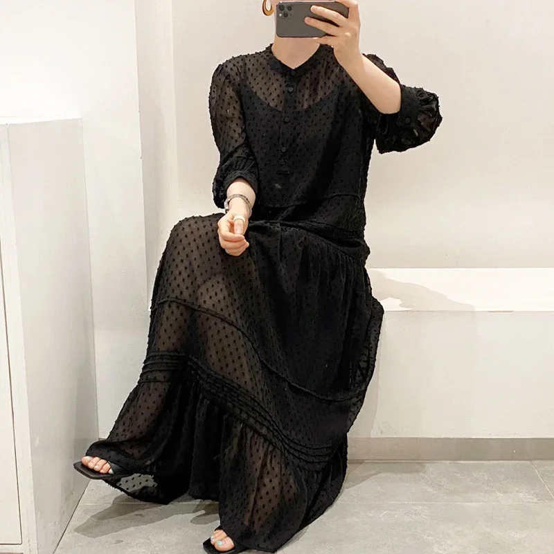 Coreano chique temperamento suave bolinhas em torno do pescoço único breasted puff manga longa vestido solto para mulher vestido de férias