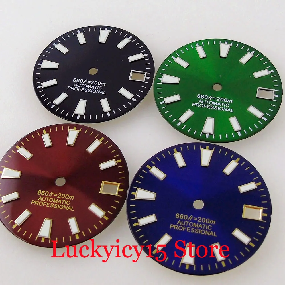 Tandorio Green Luminous 28.5mm Sterile Blue/Green/Black Sunburst Watch Dial Date Window Fit NH35A NH35 NH36A NH34A SKX Movement