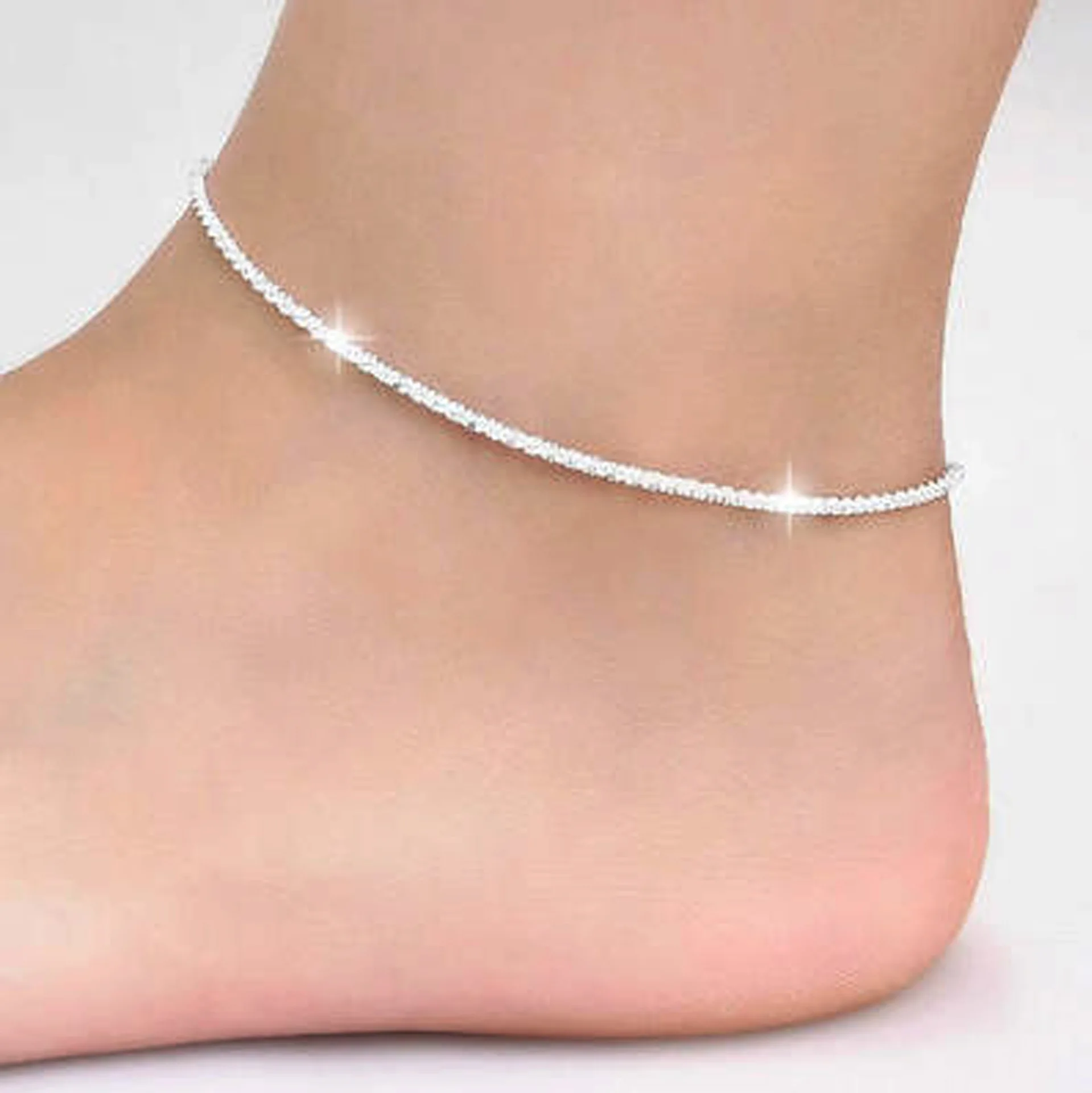 Thin Stamped Silver Plated Shiny Chains Anklet For Women Girls Friend Foot Jewelry Leg Bracelet Barefoot Tobillera de Prata