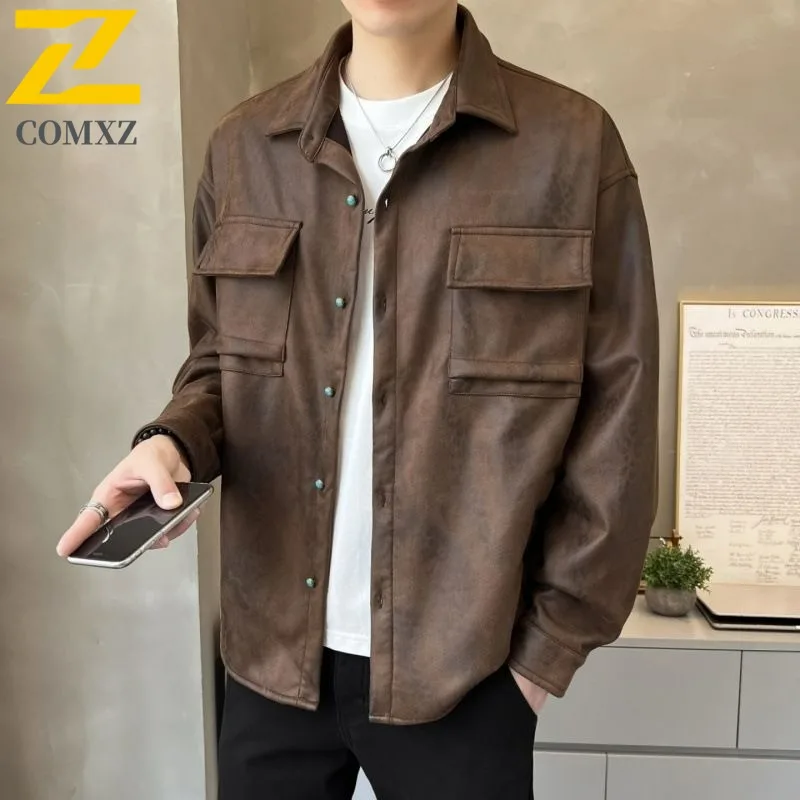 

COMXZ новая кожаная куртка мужская винтажная камуфляжная уличная куртка из искусственной кожи для кемпинга пустые приключения устойчивая к царапинам одежда