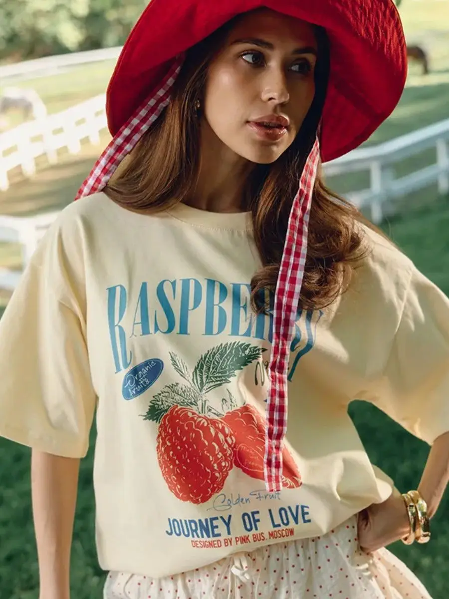 European And American Street Retro Pure Cotton Fruit Fun Casual Loose And Versatile Personalized Women's T-shirt In summer