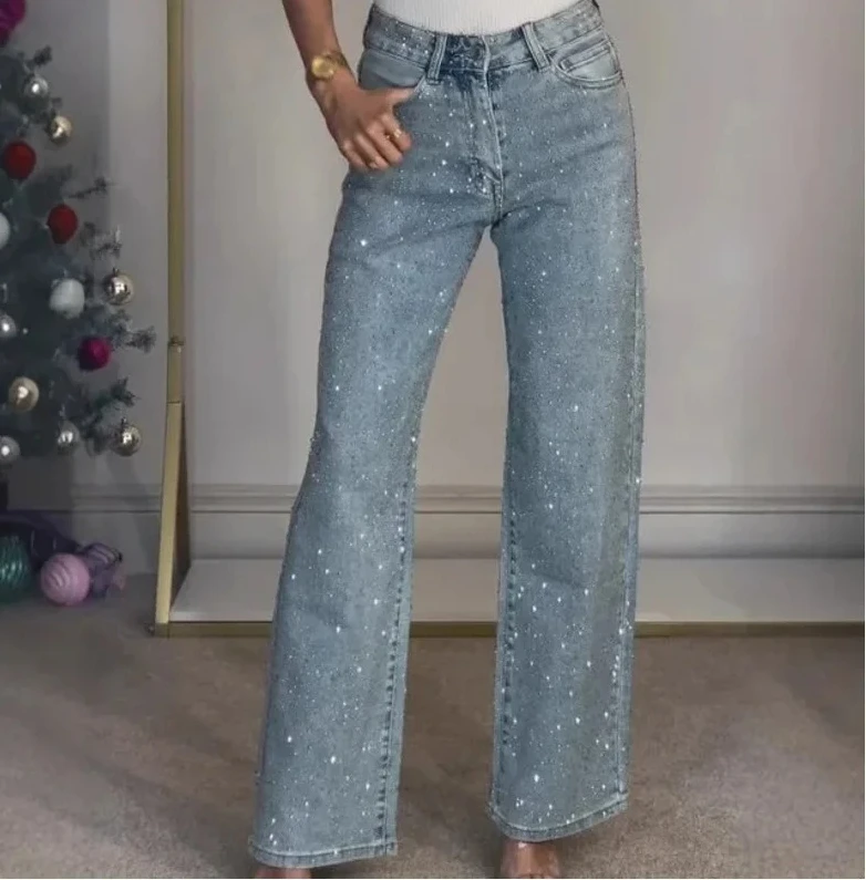 جينز نسائي مستقيم الماس السراويل تمتد عالية الخصر غسلها أمي الجينز Y2k الشارع الشهير بنطلون خمر الدينيم الشارع الشهير #1