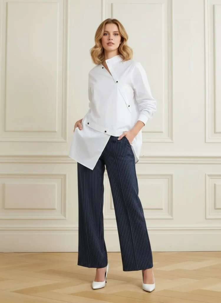 Weiße Hemden mit asymmetrischem Knopf für Damen, 2026, neuer Stehkragen, lange Ärmel, unregelmäßiger Saum, lockere, lässige Büroblusen, Tops