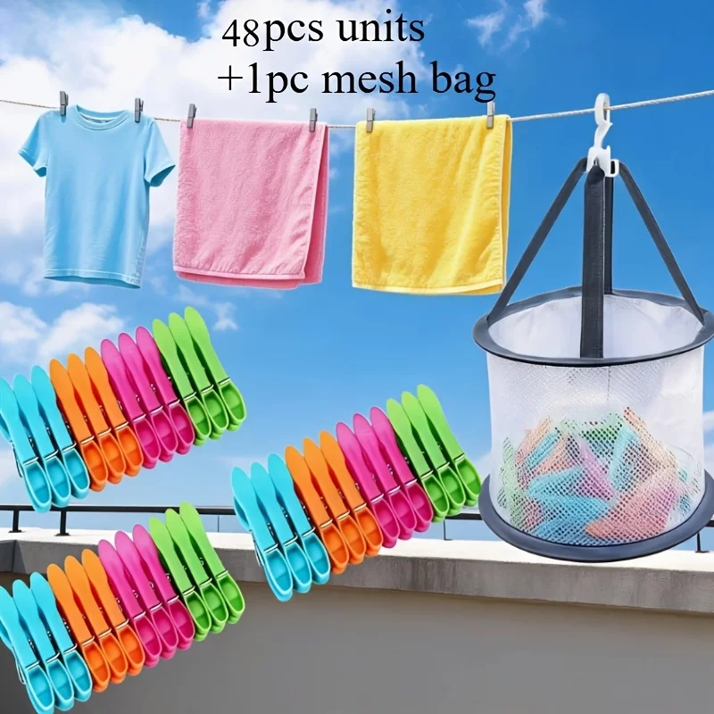 48pcs Hanging Clips Set With Mesh Storage Bag - Windproof No-Mark Laundry Clothespins For Socks & Delicates, Colorful