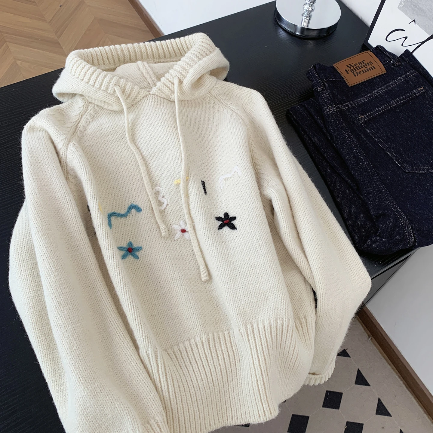 

Letter Flower Emboridery Knitted Sweater for Women Korean Style Autumn Winter Hooded Drawstring Loose Pullover Female Knitwear