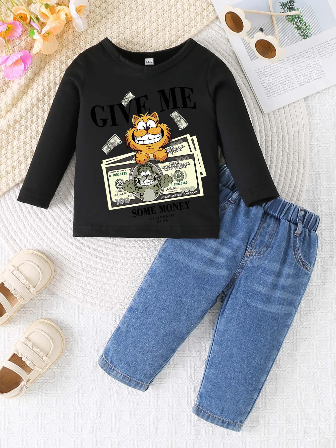 

0-3 year old summer newborn new solid color printed pullover sweater with round neck long sleeved T-shirt+denim warehouse set,