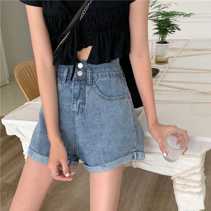Summer Female Double Button High Waist Jeans Hot Sale Lady Thin Short Pants Women Korean Fashion Solid Denim Shorts