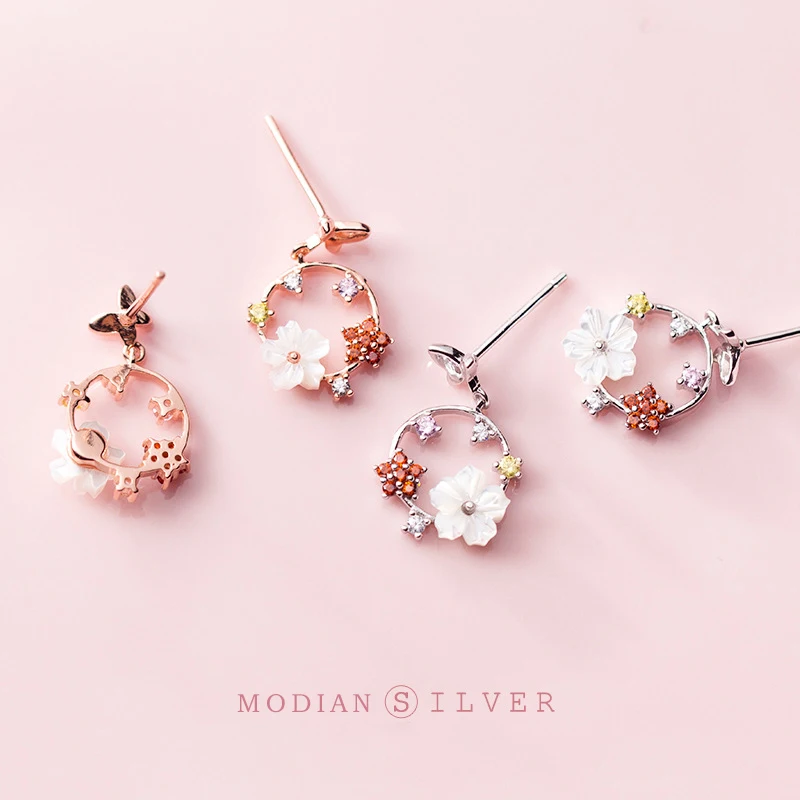 Modian Fashion Butterfly Round Enamel Flower Drop Earrings Charm 925 Sterling Silver Luxury Dangle Ear For Women Wedding Jewelry