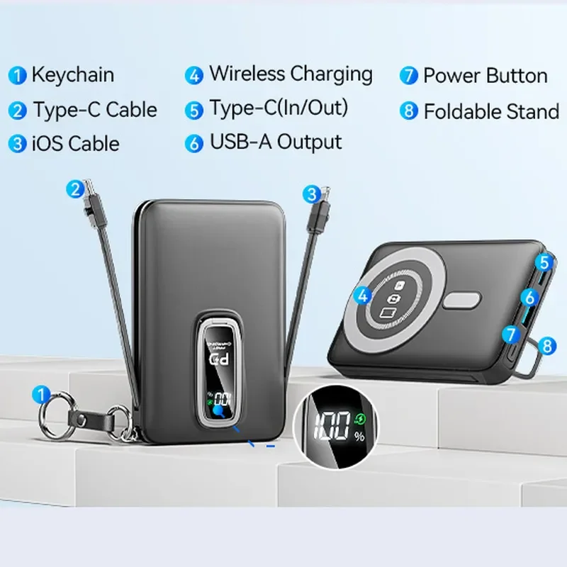 Semi solid Battery with Built in Cable and Bracket Buckle for iWatch Magnetic Wireless Power Bank Fast Charging Portable