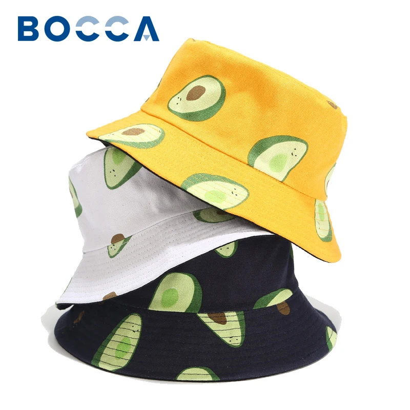 Bocca Fruit Print Bucket Hat Canvas Panama Fisherman Hats Men Women Avocado Printing Double Sides Outdoor Beach Sun Cap Gorras