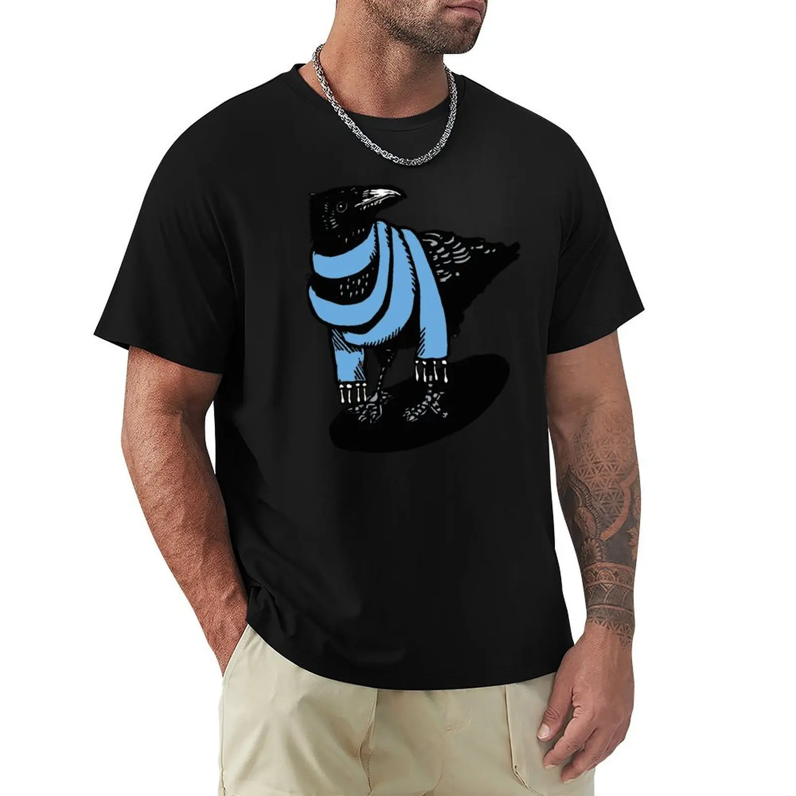 

Sky Blue Scarfed crow T-Shirt summer top cotton graphic tees Short sleeve tee men