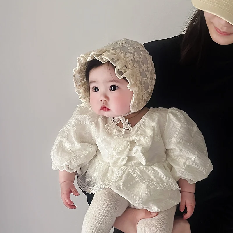 Korean Lace Flower Baby Hat Embroidered Floral Ruffle Princess Bonnet Newborn Photography Props Sweet Infant Girls Mesh Sun Cap