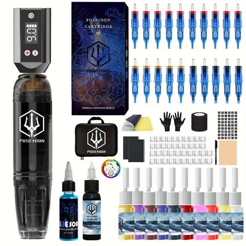 POSEIDON Tattoo Machine Kit Wireless Tattoo Pen Kit For Permanent Makeup Tattoo Kit 20 Tattoo Needles Black Tattoo Gun Kit