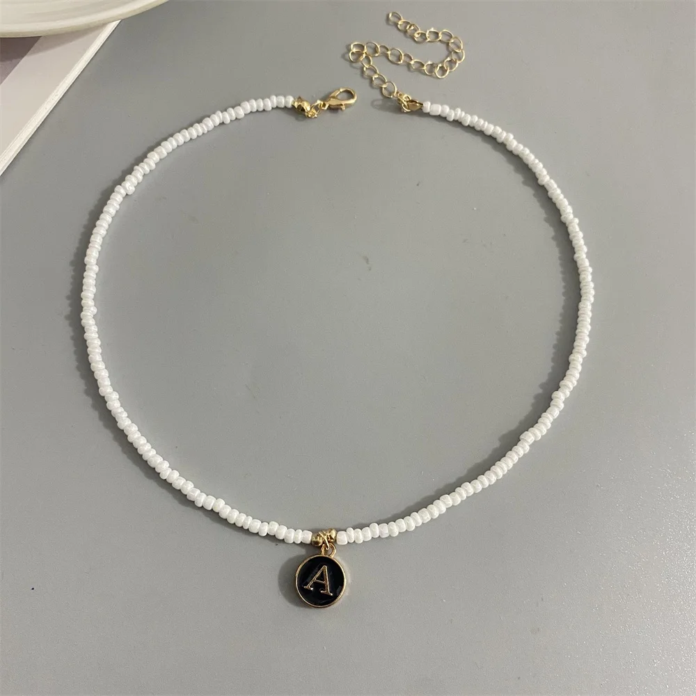 letters initial pendant necklace diy name White Color Seed Bead Necklaces for Women Round Black Letter Woman\'s Choker jewelry