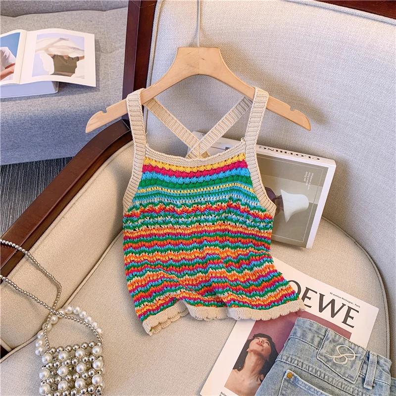 Seaside Vacation Bohemian Stripe Contrast Color Knitted Small Cami Women Summer Outer Wear Thailand  Short Jacket