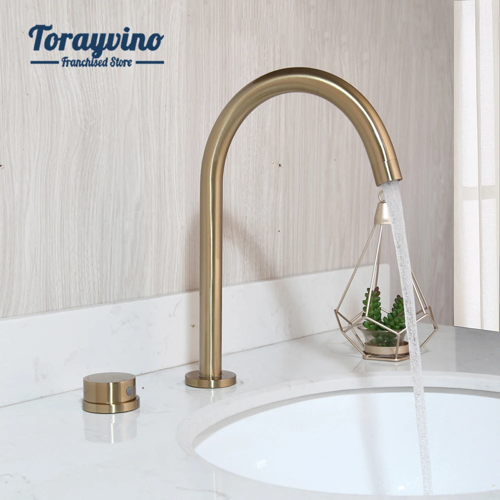 

Torayvino Bathroom Basin Sink Faucet Brushed Gold Round Rotary Switch Single Handle Deck Mounted Hot Cold Water Mixer Taps