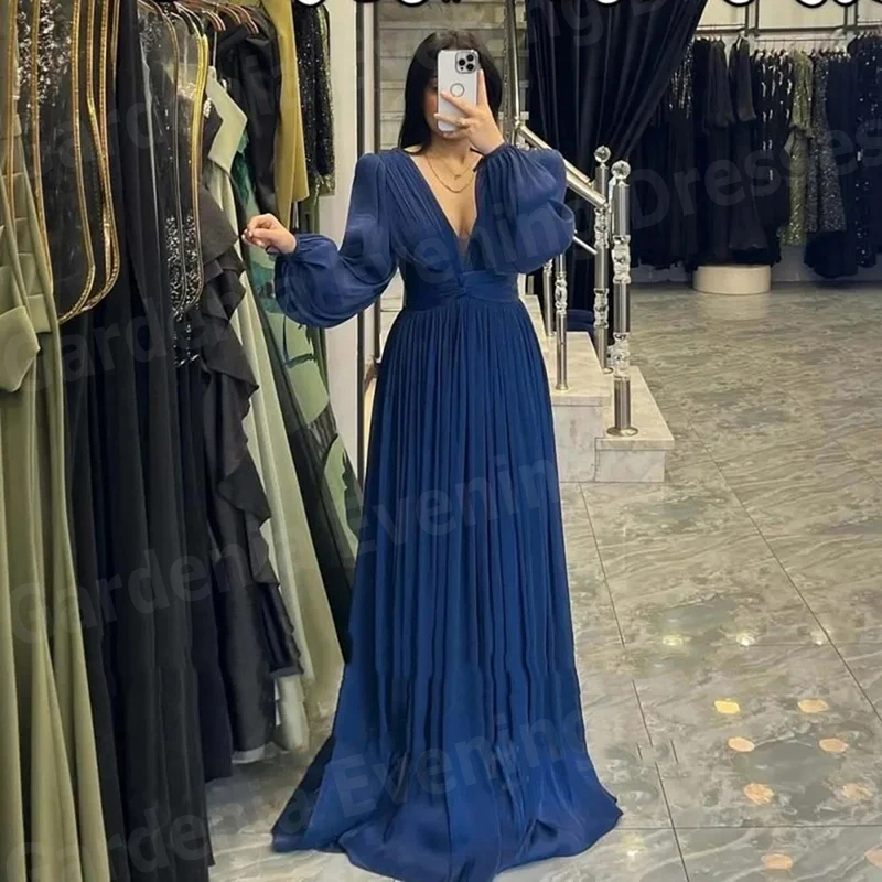 Preciosos Vestidos de Noche de línea A Para Mujer, Vestidos de graduación con cuello en V, Vestidos de fiesta plisados de manga larga personalizados Para Mujer Elegantes