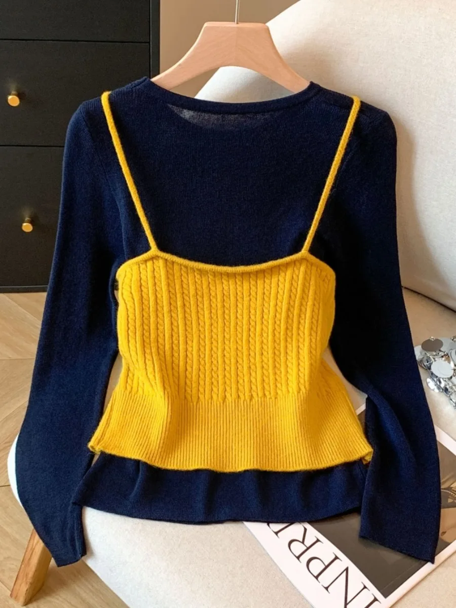 Zachte Lange Sve V-Ne Dames Gebreid Vest En Top Set Koreaanse Sle Pendelen Wollen Tweedelig Pak Herfst collectie