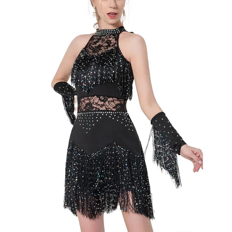 Women Rhinestone Lace Latin Dress Fringe Skirt Ballroom Salsa Samba Rumba Cha Cha Dancewear Party Stage Clothes Suit and Armband