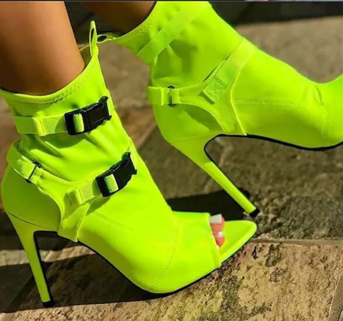 Neon Yellow Green Rubber Buckle Fasten Strap Ankle Boots Woman Stiletto High Heel Peep Toe Stretch Fabric Boots