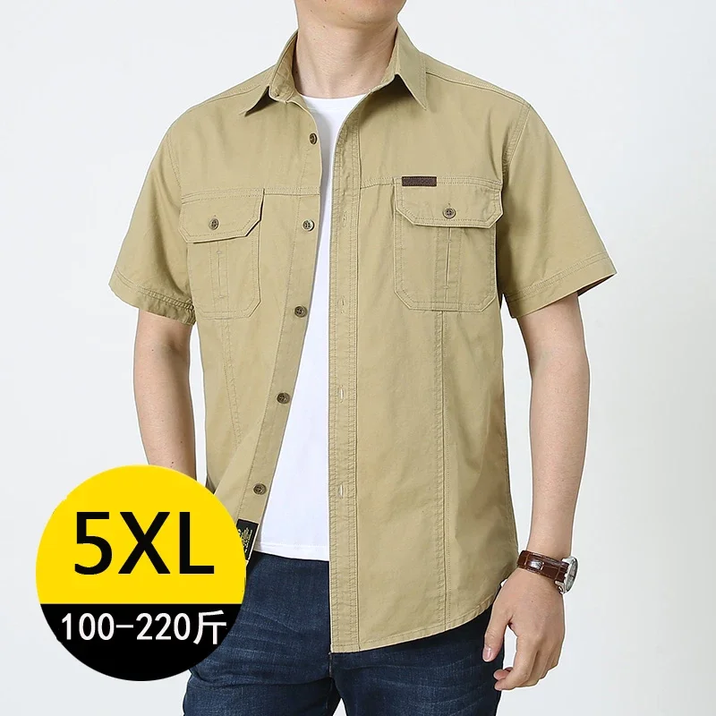 2023 Men Cargo Shirt Casual 100% Cotton Solid Short Sleeve Multi Pocket Work Blouses Loose Plus Size 5XL Business Men Clothing