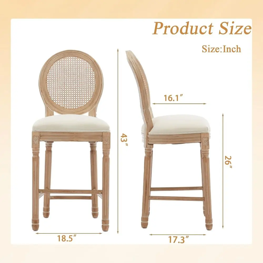 26 Country Style Counter Height Bar Stools Set of 2, Rattan Back | Solid Wood Upholstered Vintage Round Back for Kitchen Islands view 2