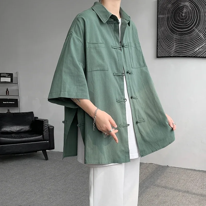 

Summer Men's Linen Shirt Oversized Short Sleeve Tang Suit Top with Frog Buttons
