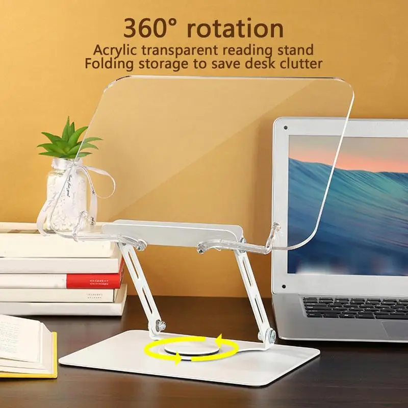 Desktop Book Stand with 360 Rotating Base Transparent Acrylic Panel Page Clips for Reading Book Holder Textbook Adjustable Stand