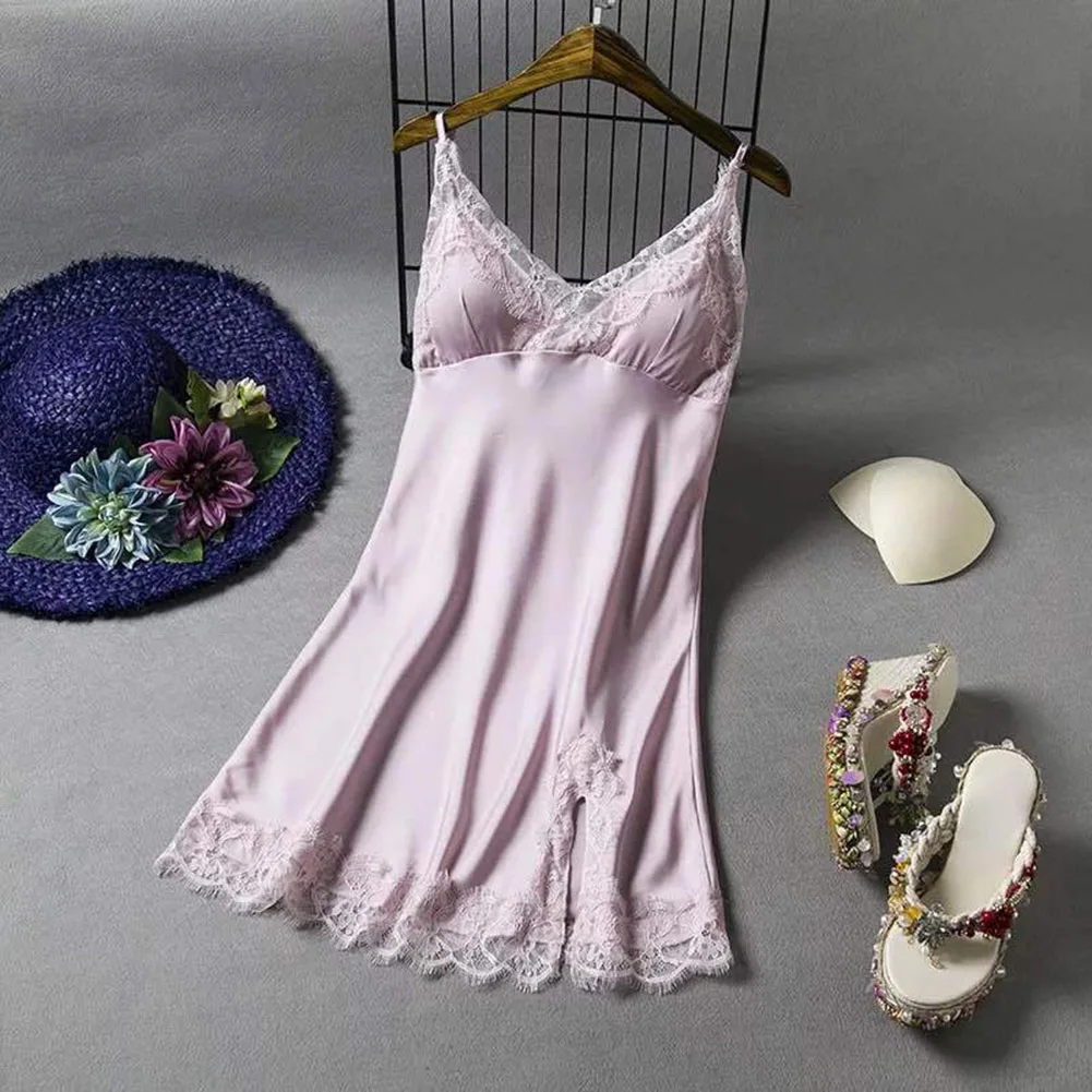 

Summer Women's Sleepwear Sexy Lingerie Ice Silk Suspender Chest Cushion Nightgowns Female Pajamas Breathable Night Dress