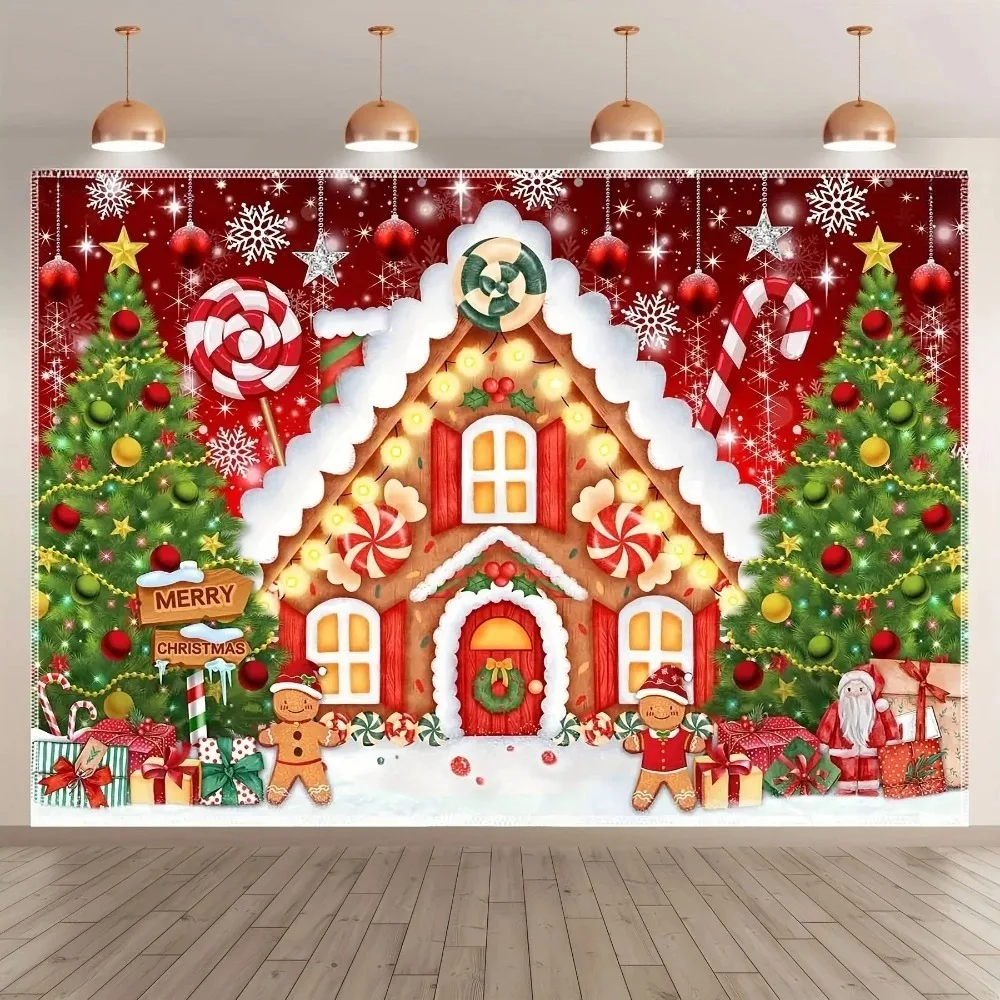 Snowy Lebkuchenhaus Fotografie Hintergrund Glitzer Weihnachtsbaum Laterne Geschenk Hintergrund Booth Kind Winter Geburtstag Porträt Studio