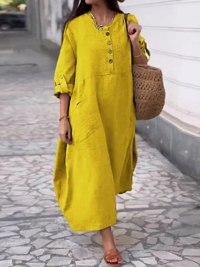 

Loose Cotton Linen Dress Casual O-neck Button Long Sleeve Pocket Solid Color Long Dresses Fashion Commuting Women Clothing