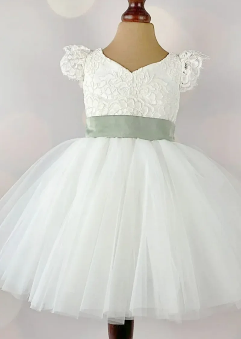 Affordable A-Line Flower Girl Dress For Wedding White Lace Tulle Kids Formal Wear Girl's Party Gowns First Birthday Dress