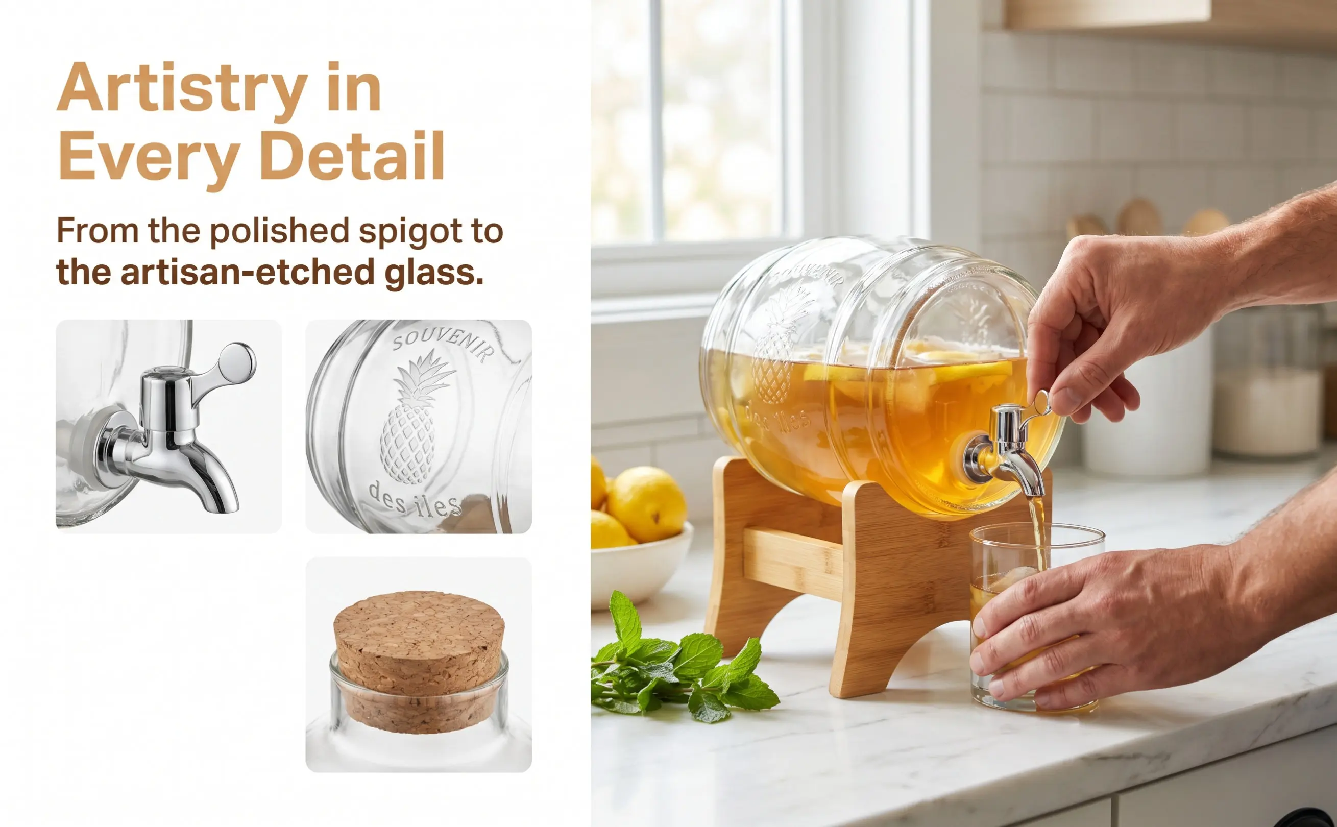 1Set Fashionable Glass Wine Barrel Dispenser with Bamboo Stand for Whisky Brandy Port Vodka Rum Dispensing and