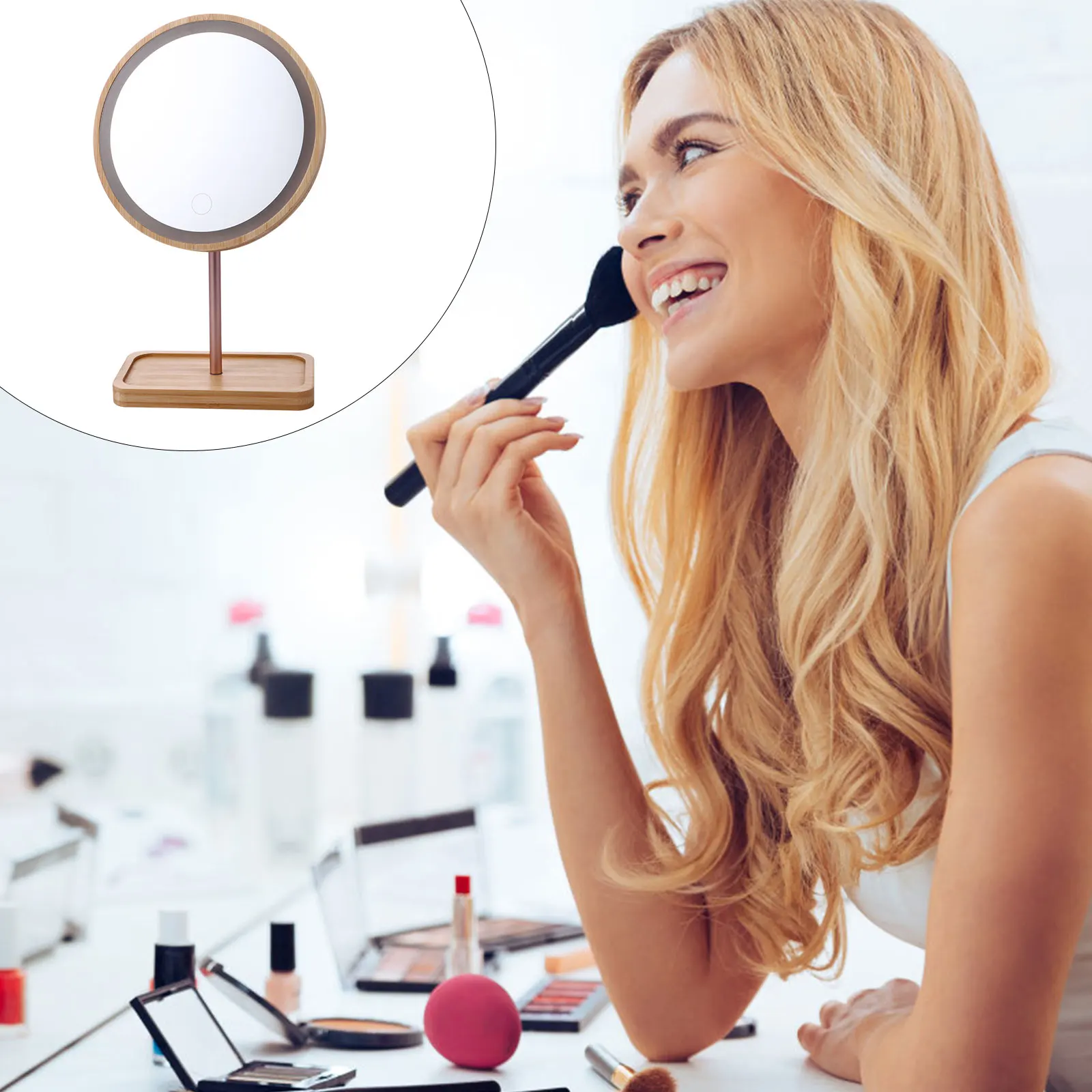 

Wooden Makeup High Definition LED Vanity Mirror 90 Degree Swivel Desktop Table Mirror Touch Design Stable Base Gift Women Family