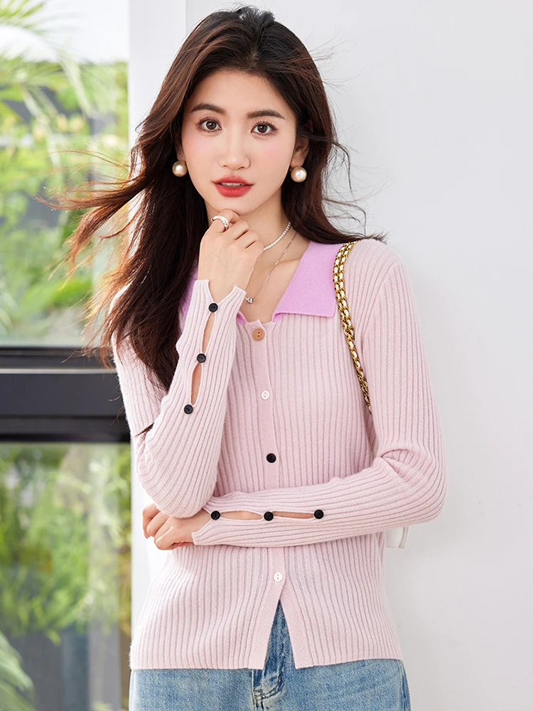 Women\'s Turn-down Collar Cardigan 2024 Autumn New Fashion Long Sleeve Knitted Sweater Chic Slim Fit Tops