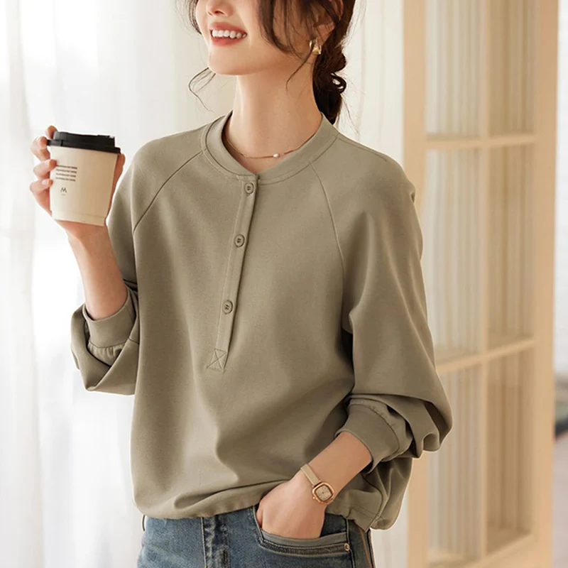 

Fashion O-Neck Button Solid Color Casual Sweatshirts Women's Clothing 2024 Autumn New Loose All-match Tops Commuter Sweatshirts