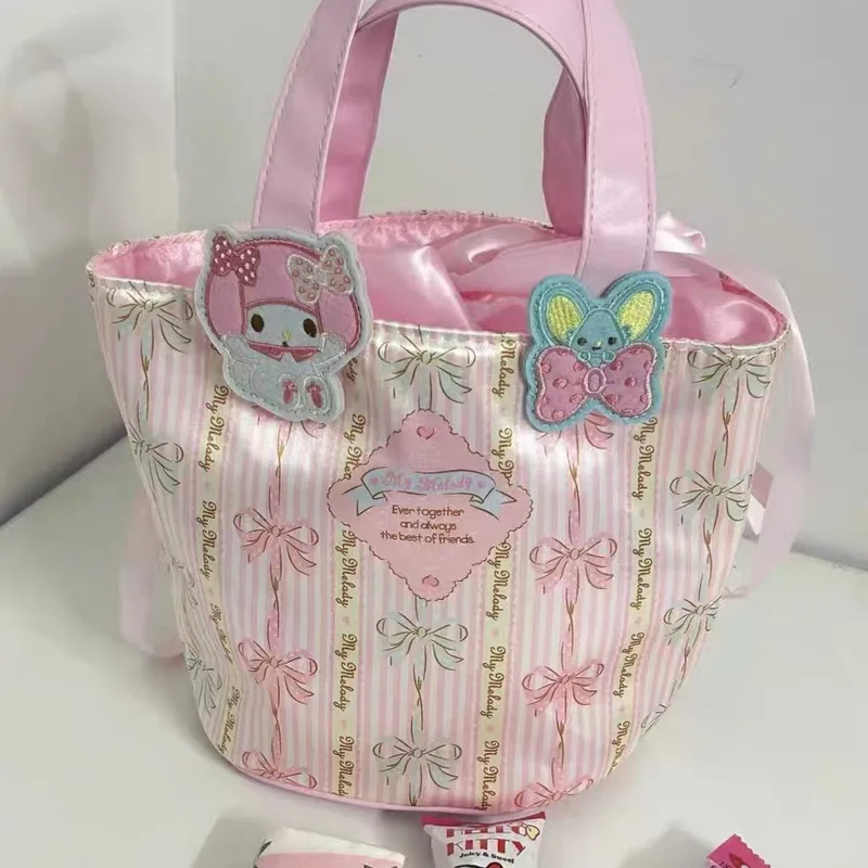 Miniso My Melody Pink Bucket Bags Kawaii Appliques Y2k Handbags Girls Drawstring Bow Print Small Tote Bags Women Japanese Bag