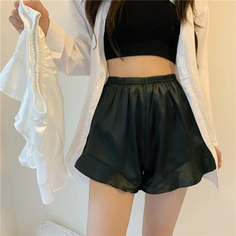 Elastic Waist Comfort Satin Ruffled Shorts Knickers Women Spring Summer Loungewear Pajamas Underwear French Safety Pants Bloomer